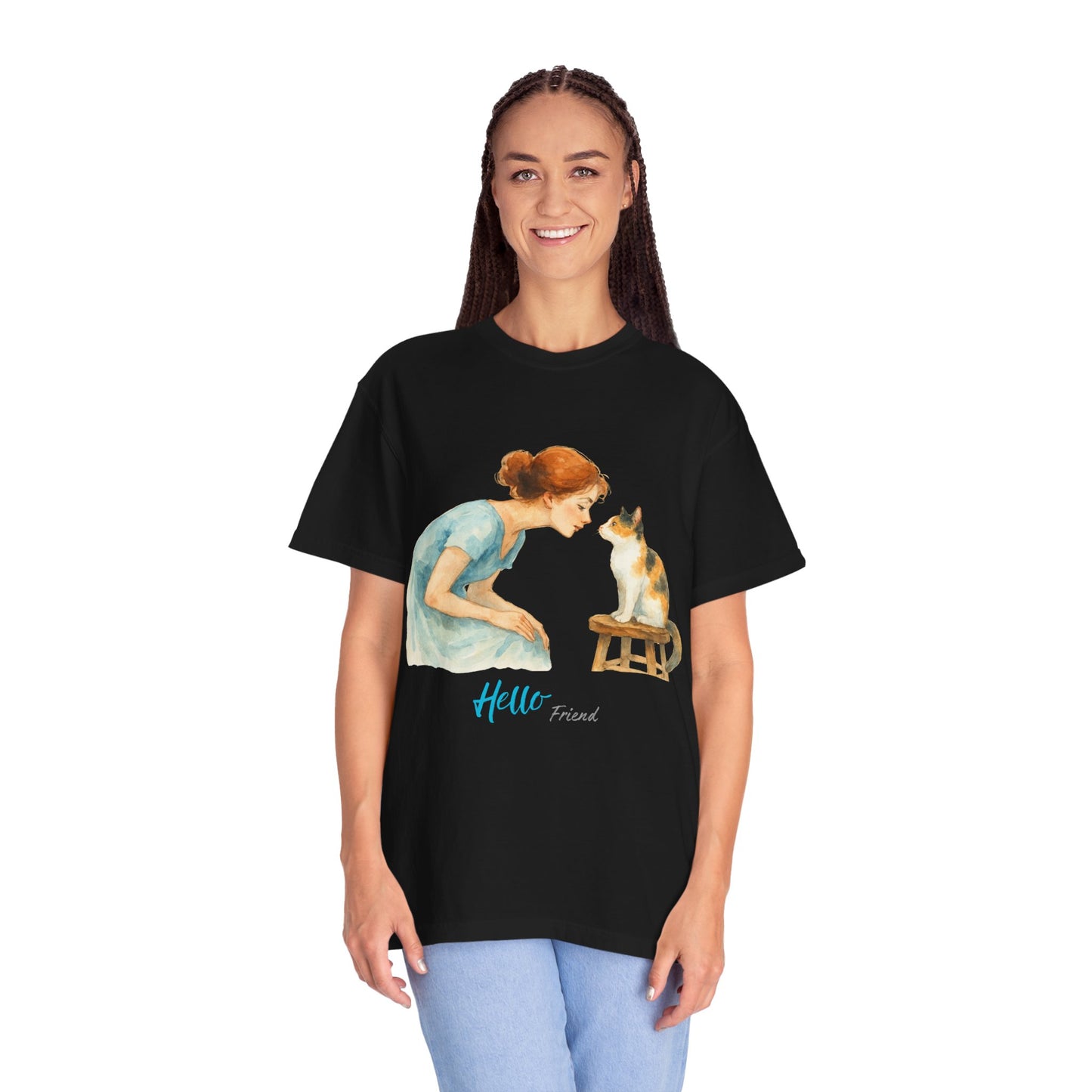 Hello Friend Cat Lover T-Shirt - Unisex Garment-Dyed Tee