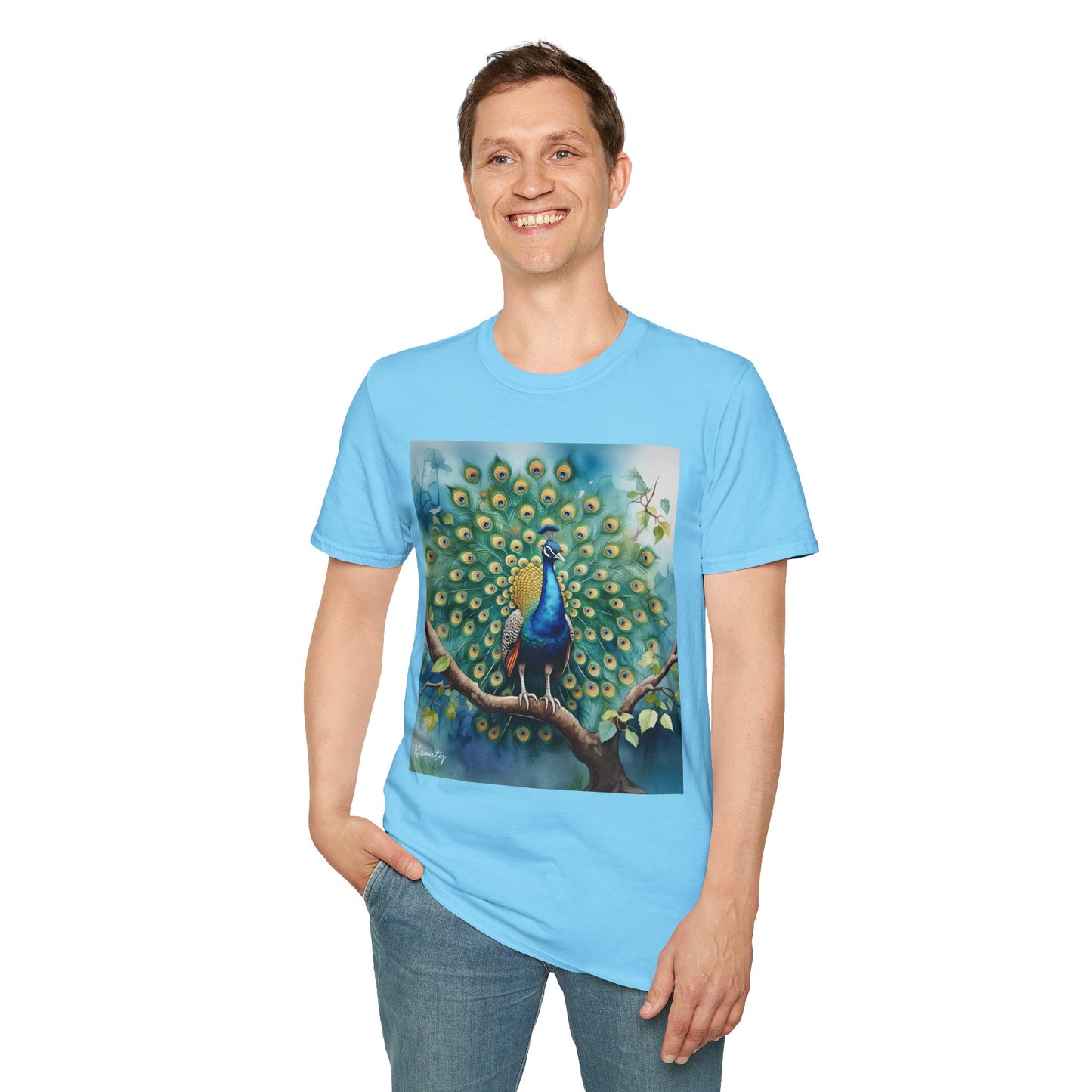 Colorful Peacock Unisex Softstyle T-Shirt - Vibrant Nature Art Tee
