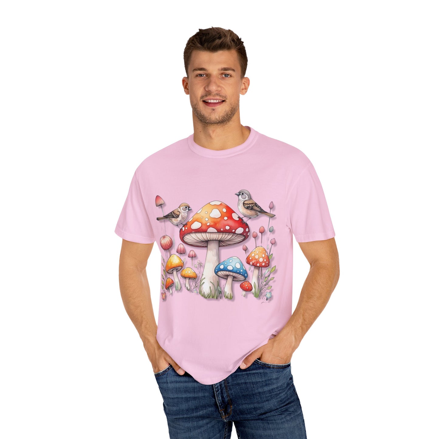 Whimsical Mushroom & Bird Unisex T-Shirt - Nature Lover's Tee