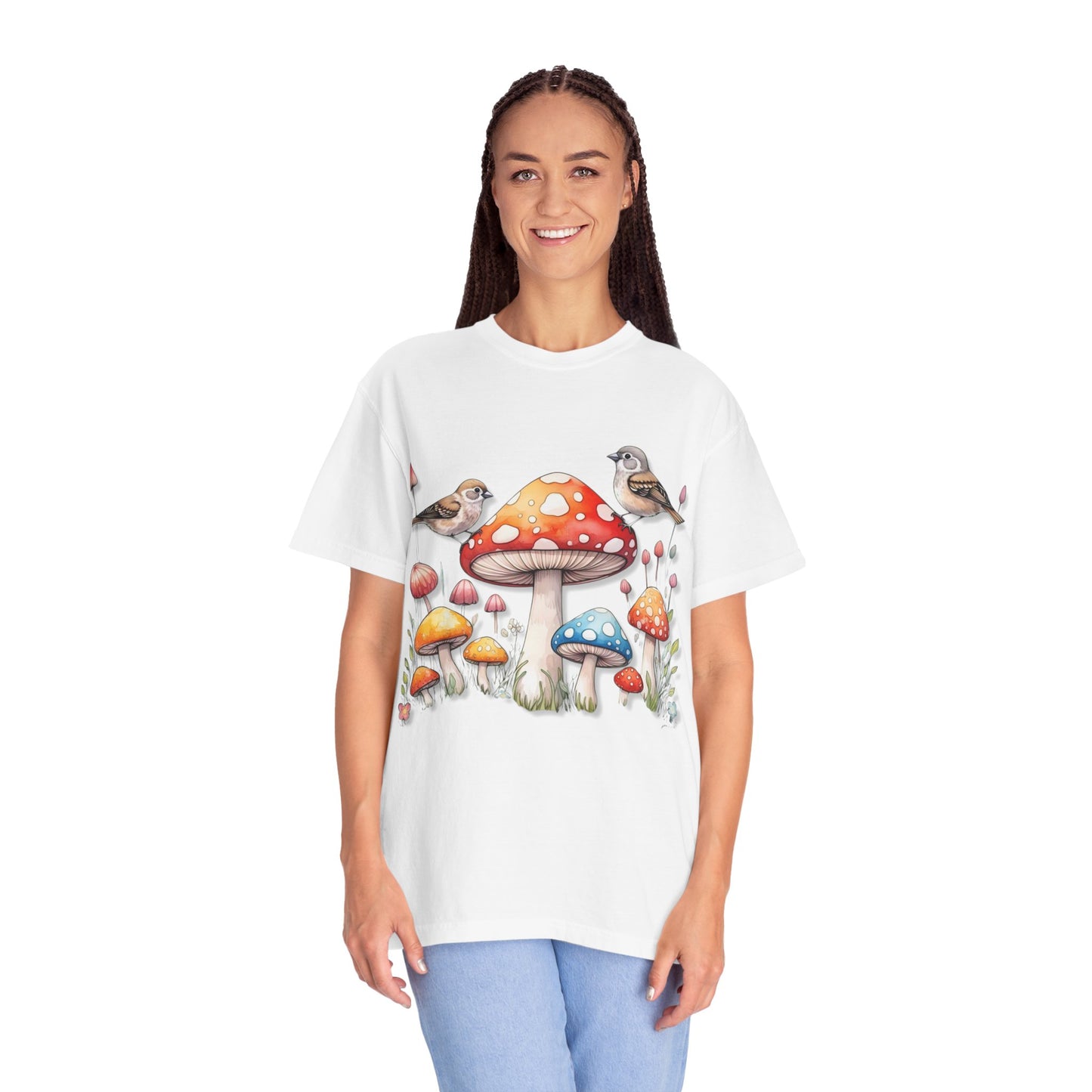 Whimsical Mushroom & Bird Unisex T-Shirt - Nature Lover's Tee
