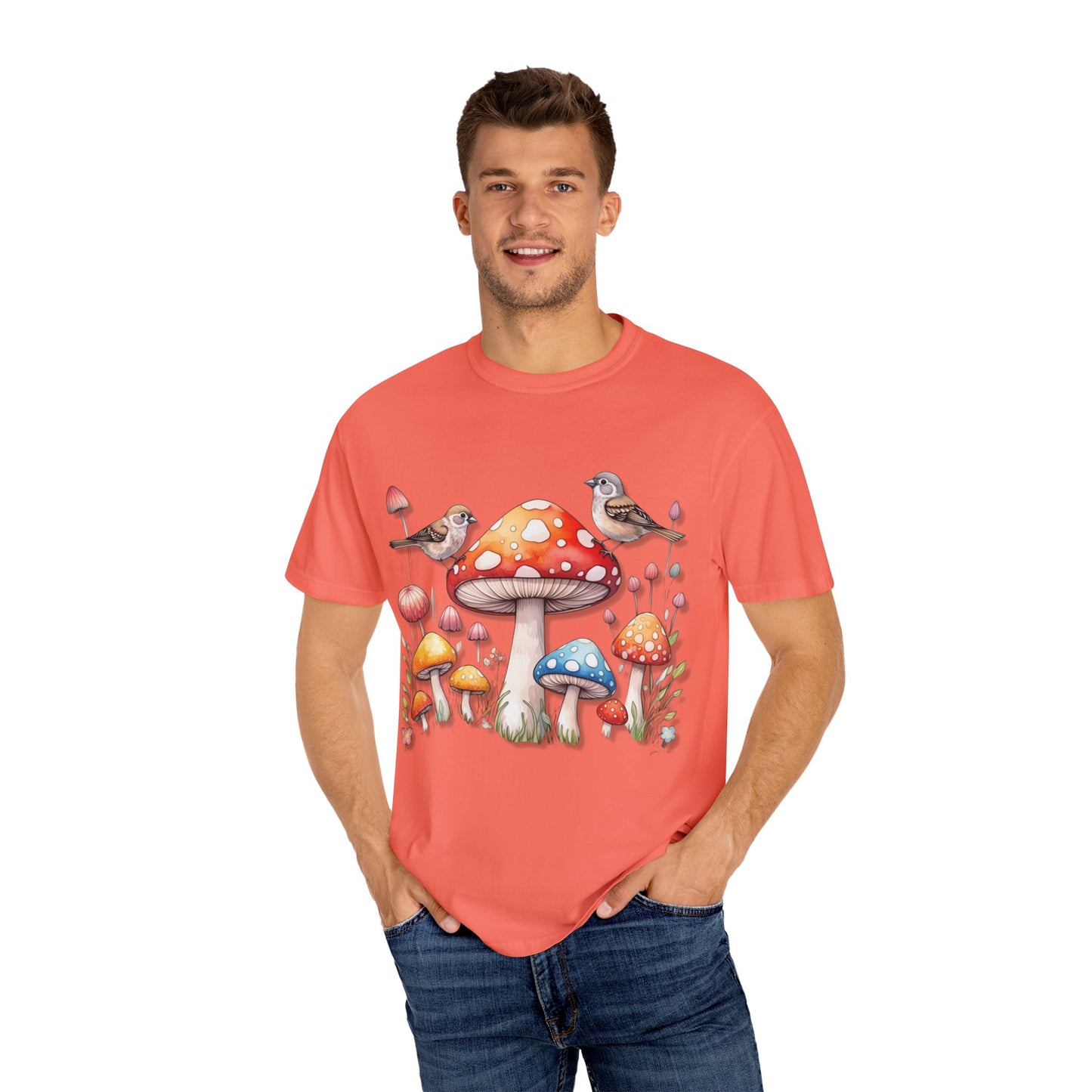 Whimsical Mushroom & Bird Unisex T-Shirt - Nature Lover's Tee