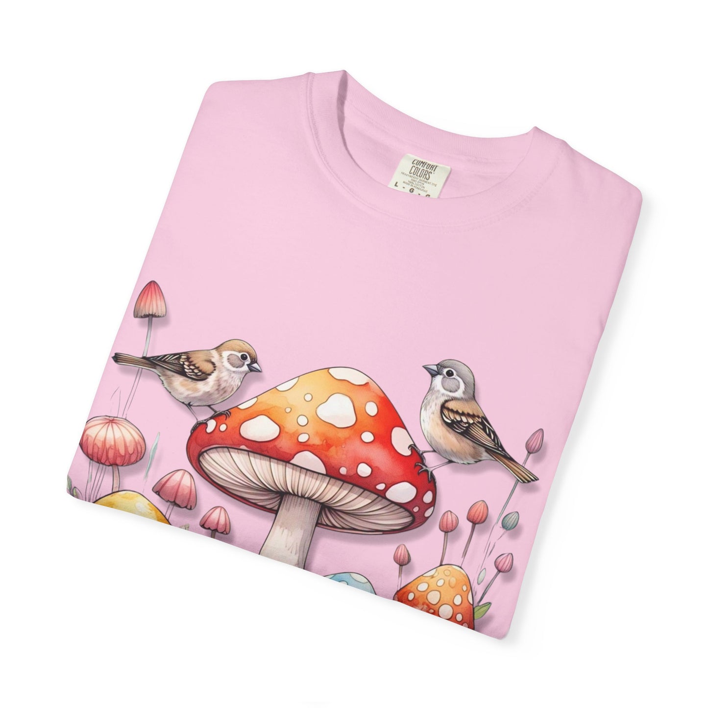 Whimsical Mushroom & Bird Unisex T-Shirt - Nature Lover's Tee