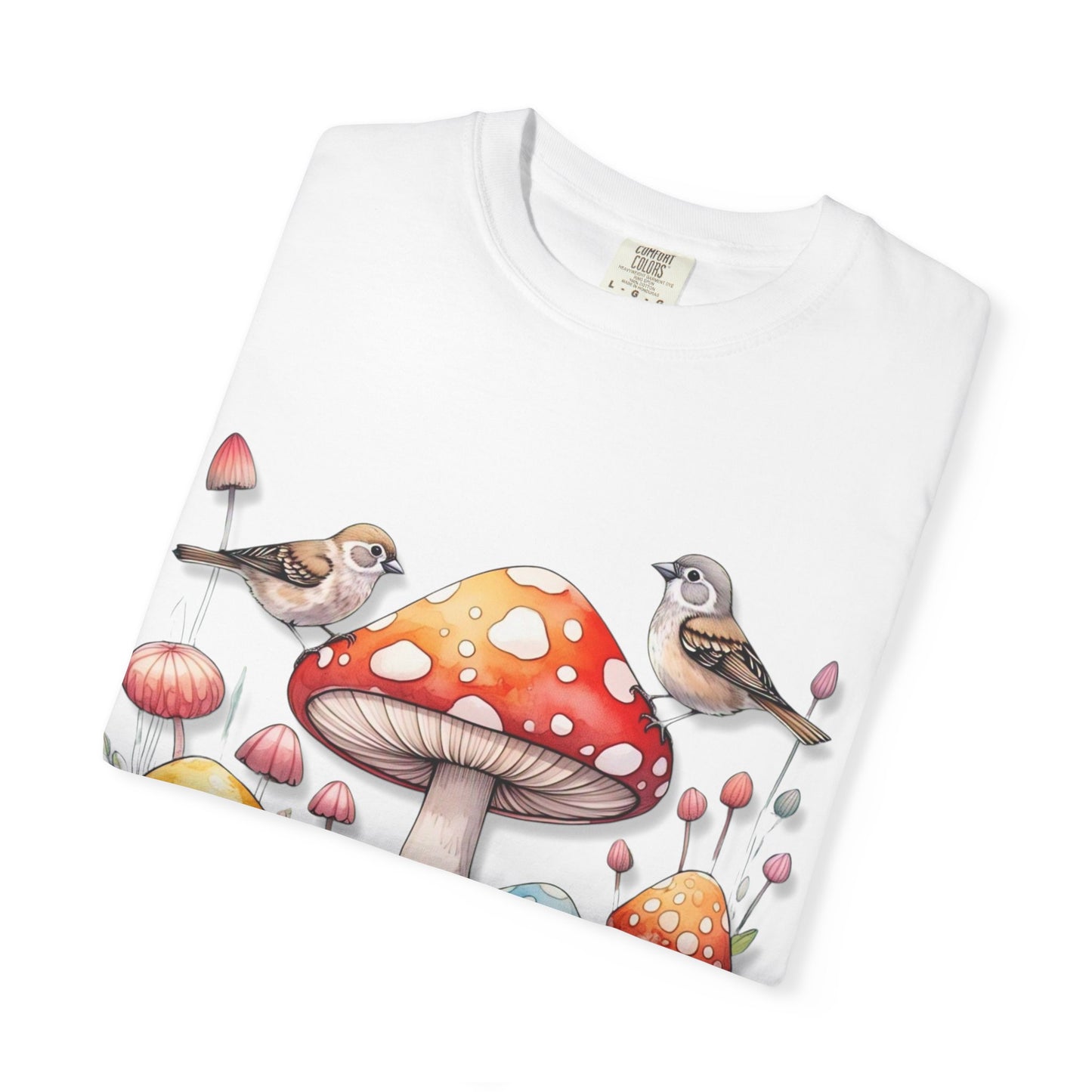 Whimsical Mushroom & Bird Unisex T-Shirt - Nature Lover's Tee