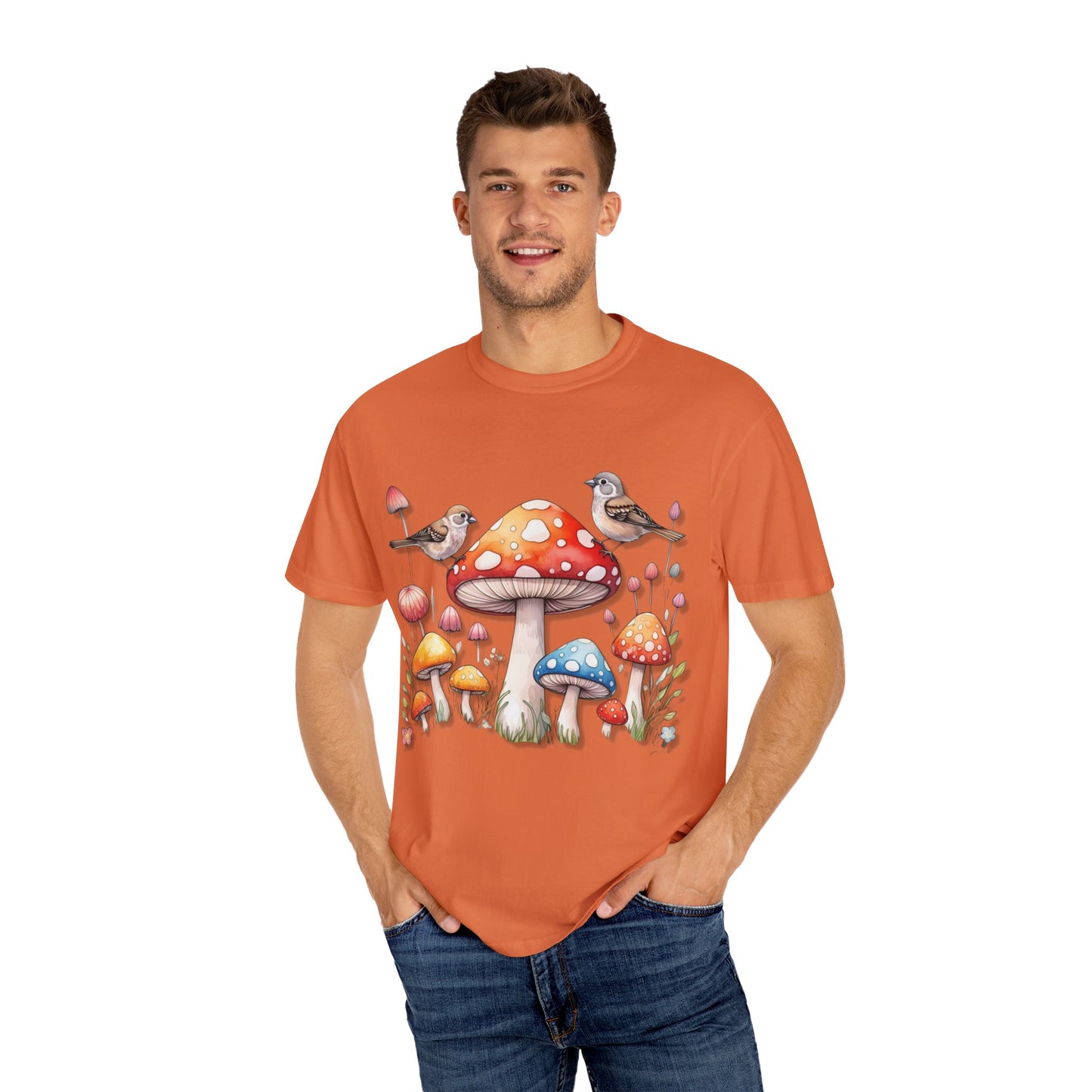 Whimsical Mushroom & Bird Unisex T-Shirt - Nature Lover's Tee