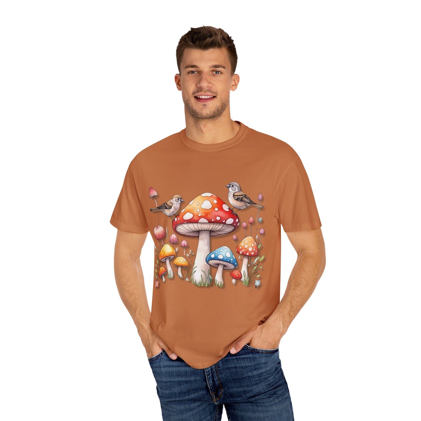 Whimsical Mushroom & Bird Unisex T-Shirt - Nature Lover's Tee