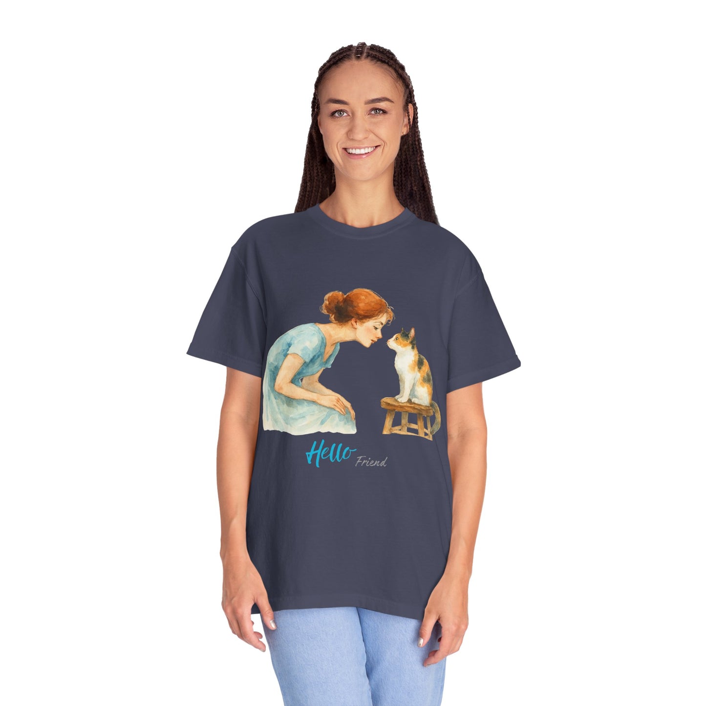 Hello Friend Cat Lover T-Shirt - Unisex Garment-Dyed Tee
