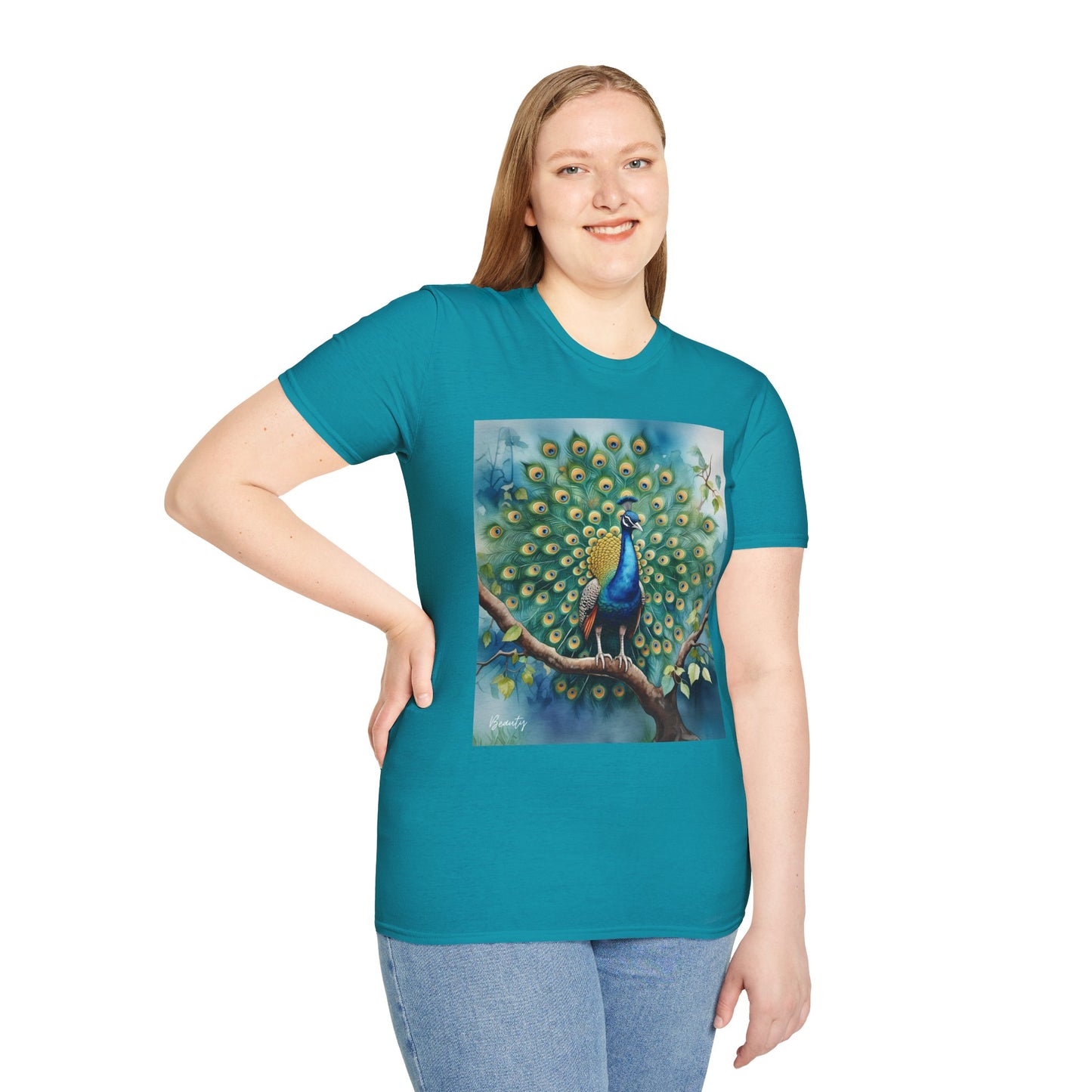 Colorful Peacock Unisex Softstyle T-Shirt - Vibrant Nature Art Tee