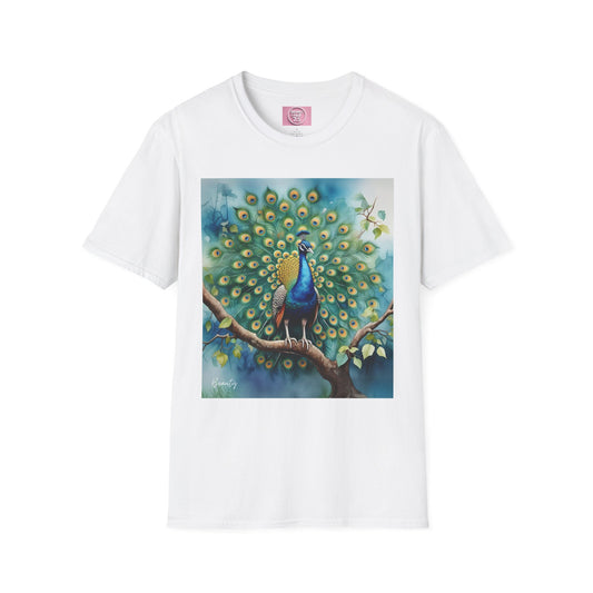 Colorful Peacock Unisex Softstyle T-Shirt - Vibrant Nature Art Tee