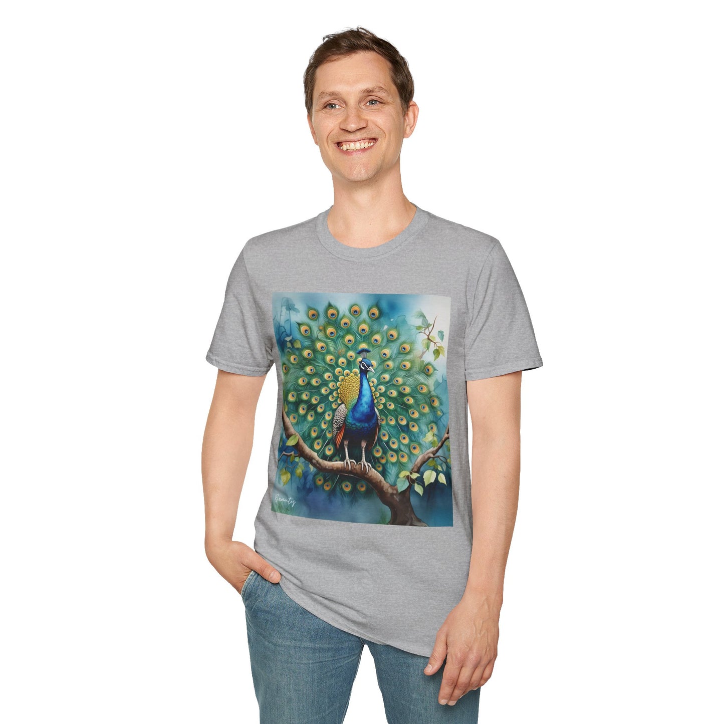 Colorful Peacock Unisex Softstyle T-Shirt - Vibrant Nature Art Tee