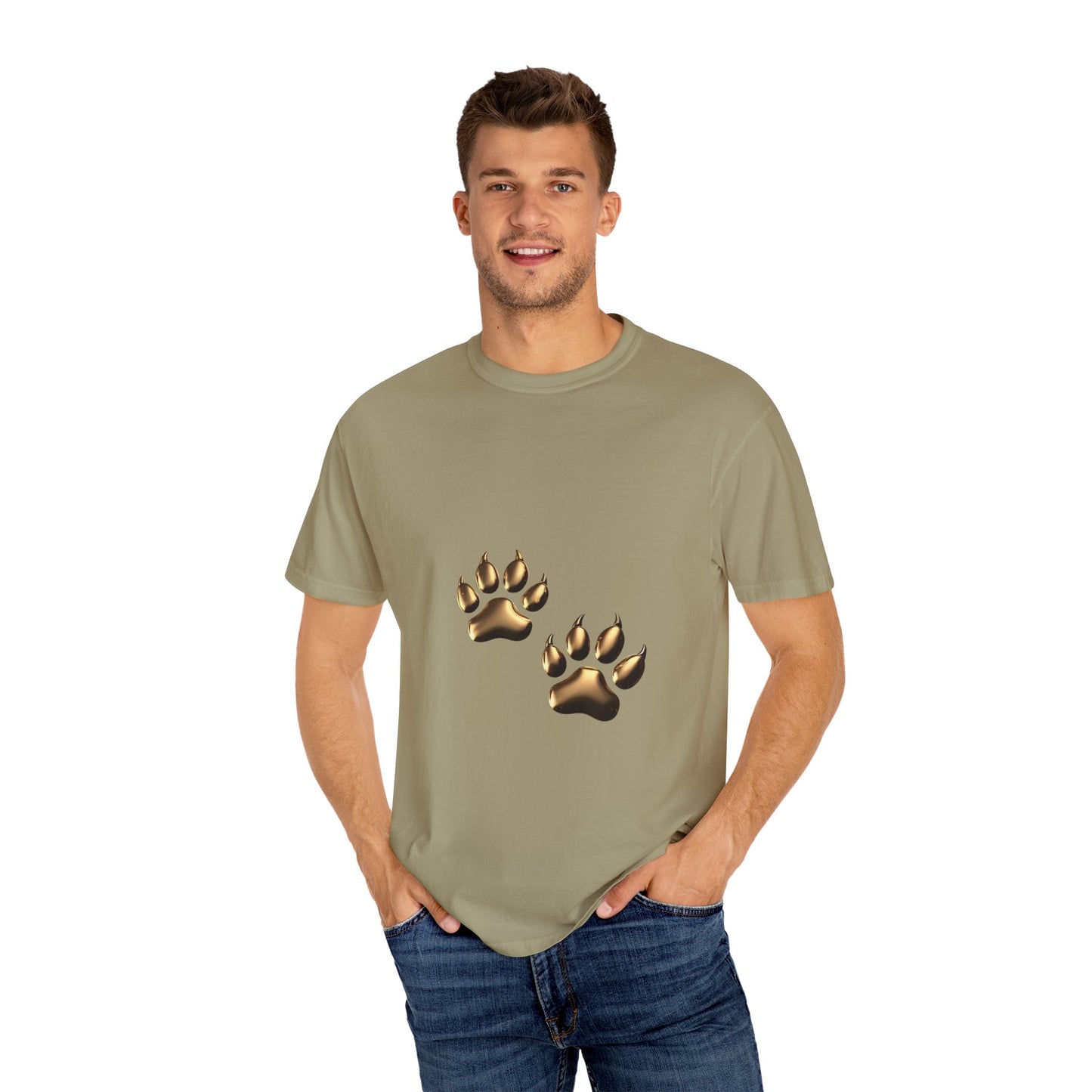 Stylish Unisex Garment-Dyed T-Shirt with Gold Paw Print Design - Perfect for Animal Lovers