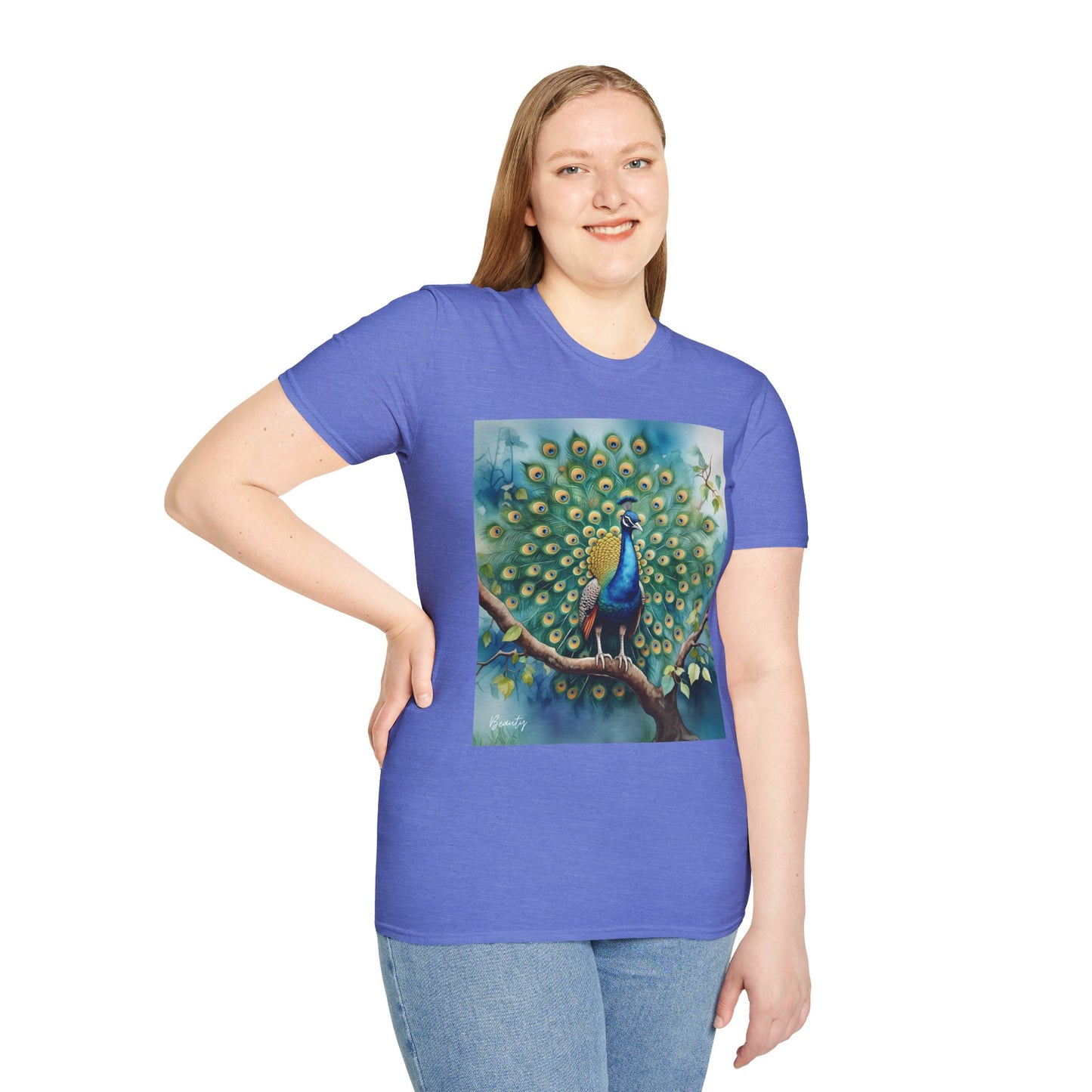 Colorful Peacock Unisex Softstyle T-Shirt - Vibrant Nature Art Tee