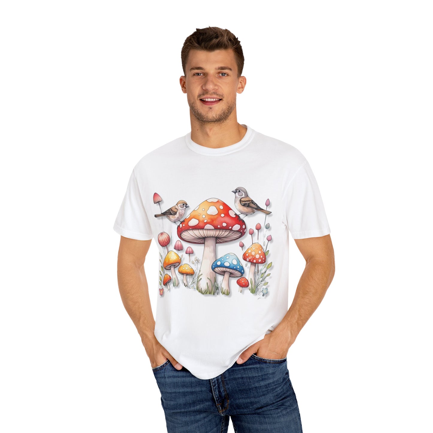 Whimsical Mushroom & Bird Unisex T-Shirt - Nature Lover's Tee